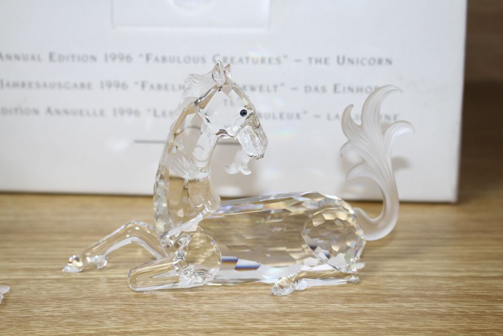 Three Swarovski Annual Edition Fabulous Beasts, The Unicorn, The Dragon and The Pegasus, 1996-1998,